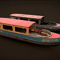 Old Colorful Yacht With Red Roof Blue Bottom Windows And Ride Line Sign