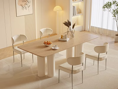 Minimalist Modern Dining Table Set With Wooden Tabletop Four Light Chairs Decorative Vase And Fruit Bowl 3d model