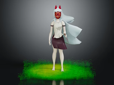 Mythical Creature Character With Red Horned Mask Long White Hair Holding Dagger On Green Grass 3d model