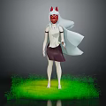Mythical Creature Character With Red Horned Mask Long White Hair Holding Dagger On Green Grass