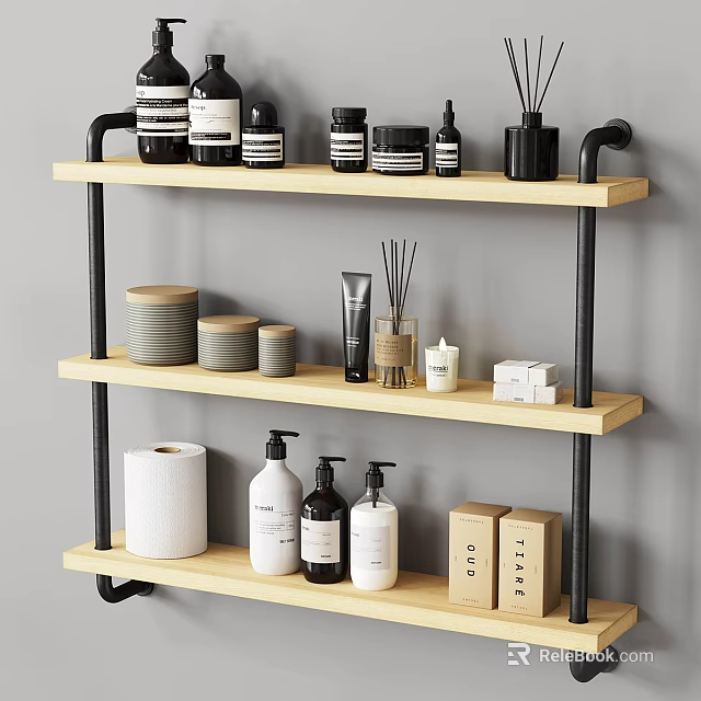 Stylish Modern Bathroom Accessories On Wooden Shelf With Bottles Jars Candles Toilet Paper And Boxes 3d model 