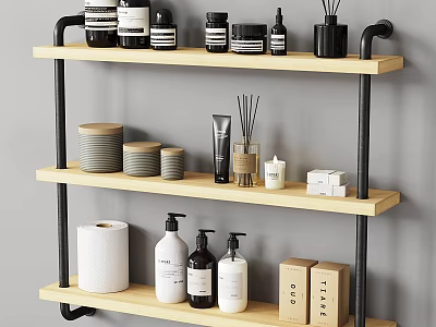 Stylish Modern Bathroom Accessories On Wooden Shelf With Bottles Jars Candles Toilet Paper And Boxes 3d model