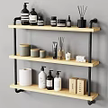 Stylish Modern Bathroom Accessories On Wooden Shelf With Bottles Jars Candles Toilet Paper And Boxes