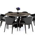 Modern Round Wooden Dining Table Set with Gray Upholstered Chairs and Purple Flower Centerpiece