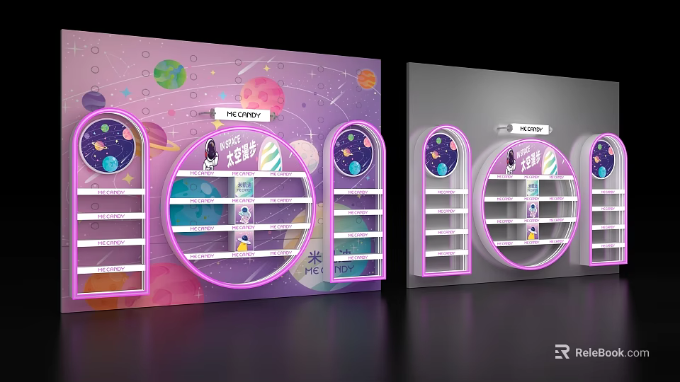 Decorative Retail Display Shelves With Colorful Planet Patterns And Circular Design 3d model