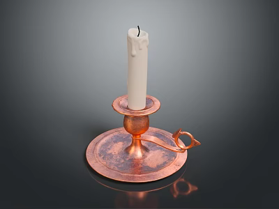 White Candle Placed On Copper Candlestick Holder With Base And Handle 3d model