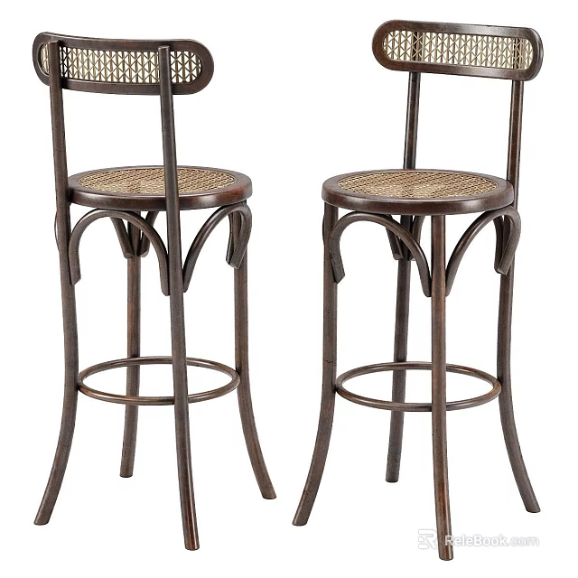 Two Piece Bar Stools with Rattan Seat Backrest and Wooden Curved Legs Design 3d model 
