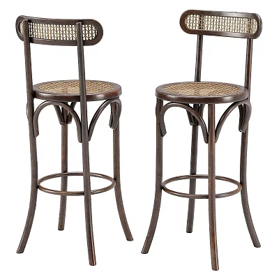 Two Piece Bar Stools with Rattan Seat Backrest and Wooden Curved Legs Design 3d model