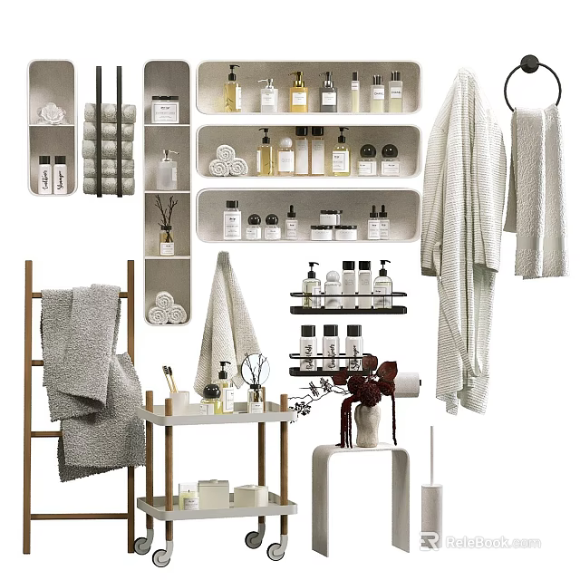 Organized Washroom Daily Essentials With Stylish Towels Toiletries Bottles Storage Shelves And Decorative Items 3d model 