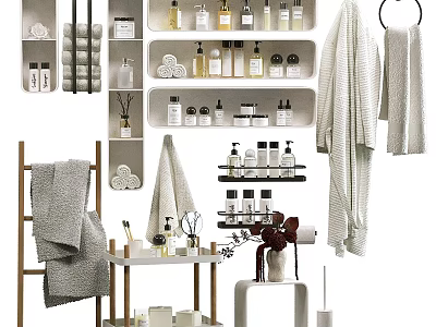 Organized Washroom Daily Essentials With Stylish Towels Toiletries Bottles Storage Shelves And Decorative Items 3d model
