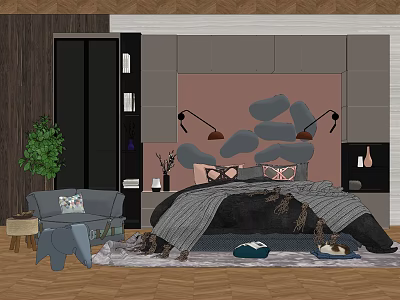 Modern Bedroom Background Bed With Pink Backdrop Gray Stone Pattern Gray Upholstered Headboard Black Lamps Green Plant And Armchair 3d model