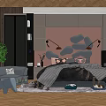 Modern Bedroom Background Bed With Pink Backdrop Gray Stone Pattern Gray Upholstered Headboard Black Lamps Green Plant And Armchair
