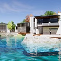 Modern Detached Villa With Glass Walls Waterfront Wooden Deck And Lush Greenery
