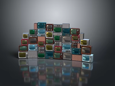 Various Colors Different Styles TVs Stacked in Pyramid Shape With Gray Background and Reflections 3d model
