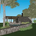 Rustic Guesthouse Architecture With Stone Wall Glass Facade Chimney And Trees In Green Grass Surroundings