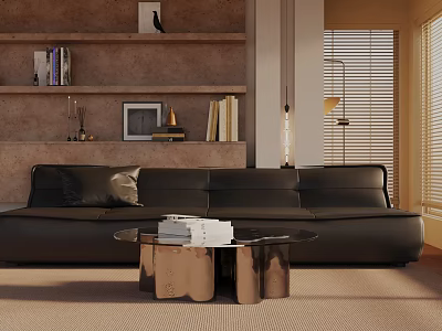 Black Leather Three-Seater Sofa in Modern Living Room with Metal Base Coffee Table and Bookshelf 3d model