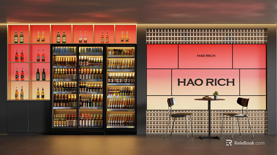 Modern Bar Interior with Wine Racks Bottles Red Accent Wall Brick Wall and Seating 3d model 