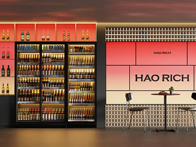 Modern Bar Interior with Wine Racks Bottles Red Accent Wall Brick Wall and Seating 3d model