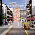 Vibrant Commercial Landscape Pedestrian Street With Storefronts Green Awnings Pedestrians And Colorful Decorations