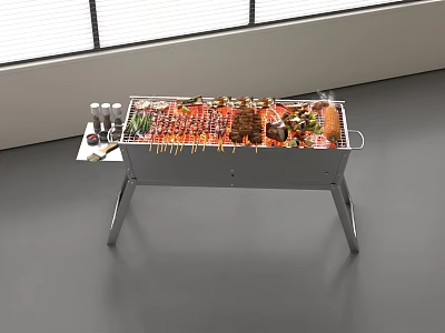 Stainless Steel Outdoor Grill With Assorted Skewers Meat Vegetables And Seasoning Bottles 3d model