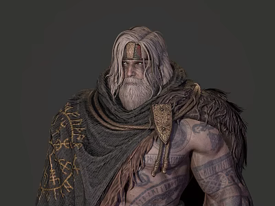 Game Movie Character With Gray White Long Hair Long Beard Muscular Build And Rune Cloak 3d model