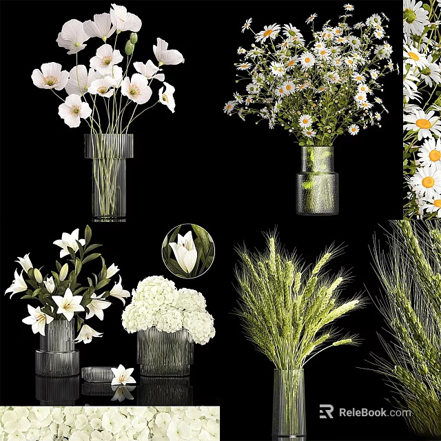 Decorative Ornament Set with Various White Flowers Daisies Lilies Wheat and Glass Vases 3d model 