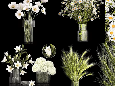 Decorative Ornament Set with Various White Flowers Daisies Lilies Wheat and Glass Vases 3d model