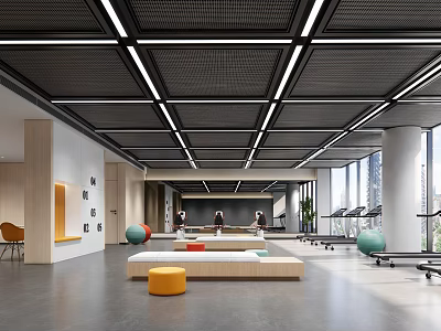 Modern Fitness Gym Open Space With Grid Ceiling LED Lights Treadmills And Colorful Exercise Balls 3d model