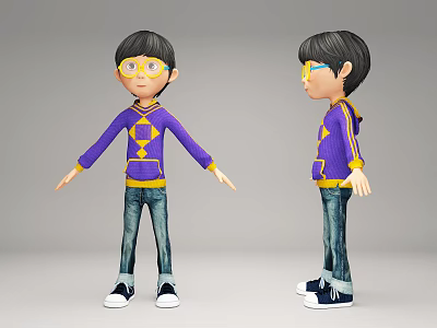 3D Game Movie Character Boy in Purple Hoodie Yellow Design Blue Jeans Yellow Glasses 3d model