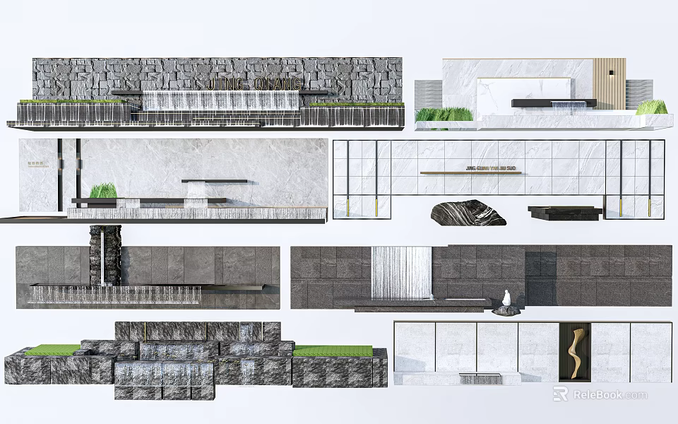 Feature Wall Design With Stone Textures Green Plants And Modern Elements 3d model