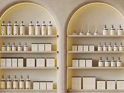 Elegant Arched Shelves Displaying Aromatherapy Diffusers Bottles And Decorative Boxes 3d model