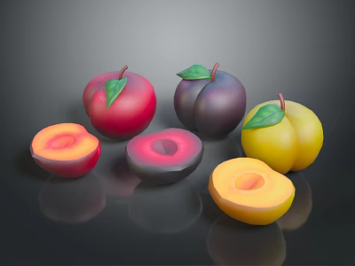 Fresh Red Yellow Purple Peaches And Plums With Green Leaves Whole And Sliced 3d model
