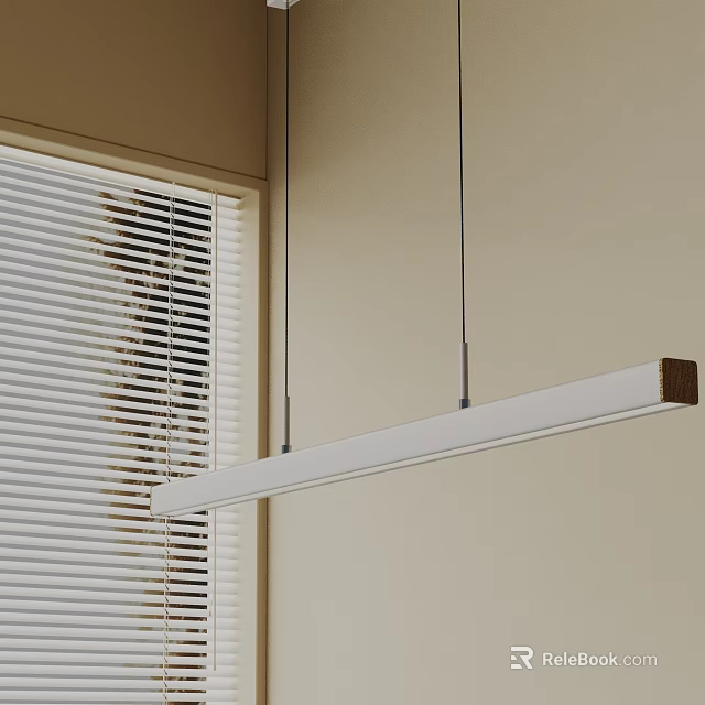 Modern Long Pendant Light with White Body and Wooden End in Room with Window Blinds 3d model 