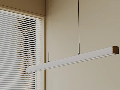 Modern Long Pendant Light with White Body and Wooden End in Room with Window Blinds 3d model