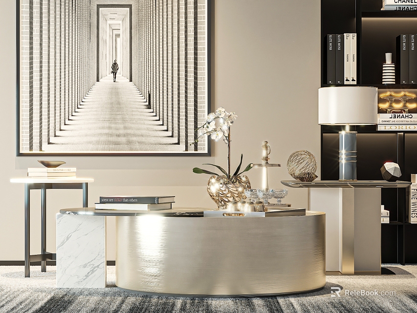 Silver Round Metallic Coffee Table With Orchid Plant Glass Vase And Marble Side Tables 3d model 