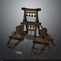 Wooden Medieval Catapult Device With Wheels And Complex Mechanical Structure 3d model
