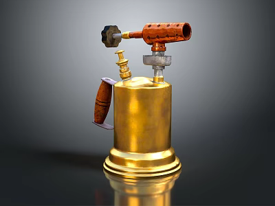Golden Brass Blowtorch With Orange Nozzle Brown Handle And Metal Base Design 3d model