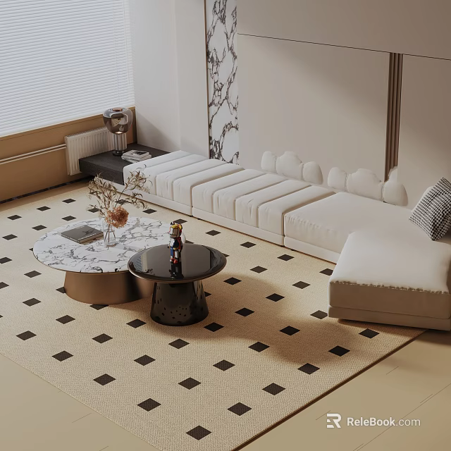 Three Seater Sofa In Modern Living Room With Patterned Rug Coffee Tables And Decor 3d model 