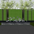 Contemporary Landscape Sculpture With Green Wall Water Pool And Surrounding Trees On Stone Tiles