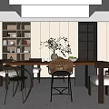 Modern Restaurant Interior Design With Dining Table Chairs Display Shelves And Plants 3d model