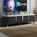 Modern TV Stand with Curved TV Gold Accents and Decorative Ornaments
