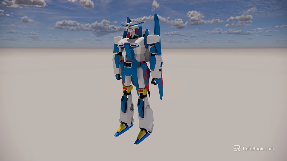 Blue and White Standing Robot Model Against Blue Sky with Clouds and Gray Ground 3d model 