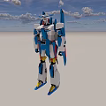 Blue and White Standing Robot Model Against Blue Sky with Clouds and Gray Ground