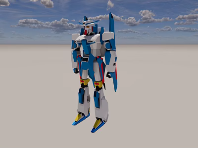 Blue and White Standing Robot Model Against Blue Sky with Clouds and Gray Ground 3d model