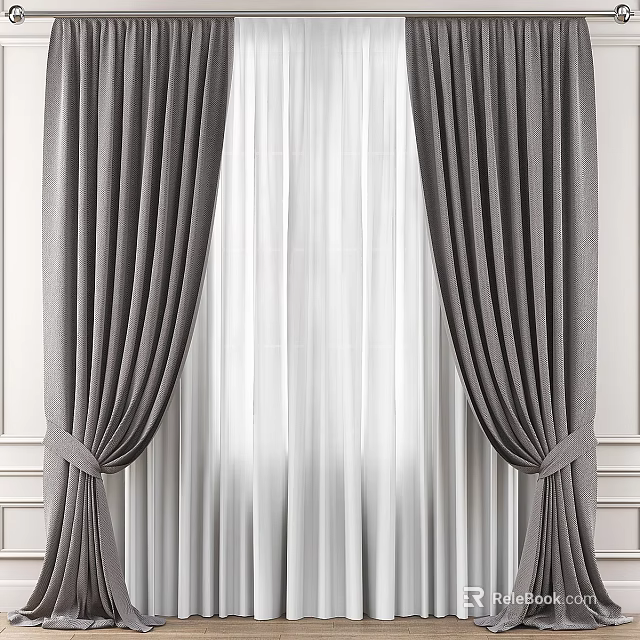 Gray Thick Curtains With White Sheer Layers And Tiebacks Against White Wall In Modern Room 3d model 