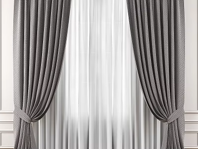 Gray Thick Curtains With White Sheer Layers And Tiebacks Against White Wall In Modern Room 3d model