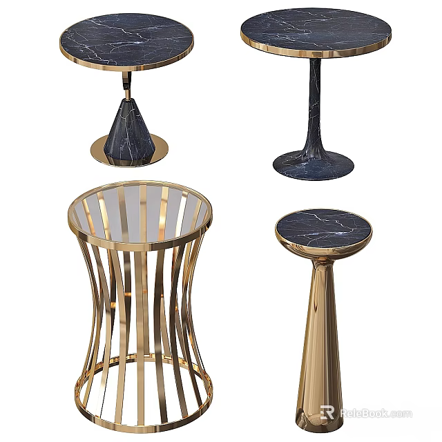Stylish Dining Tables With Golden Metal Frames And Black Marble Tabletops 3d model 