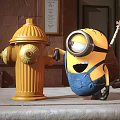 Minion Standing Next to Yellow Fire Hydrant Holding Guitar on Urban Sidewalk