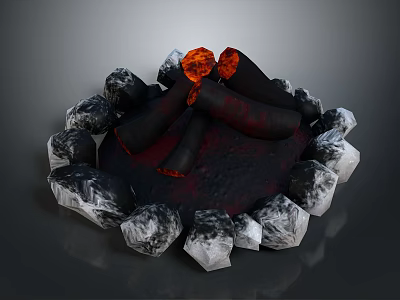 Green Plants Surrounding Burning Campfire With Gray Stones And Red Flames 3d model