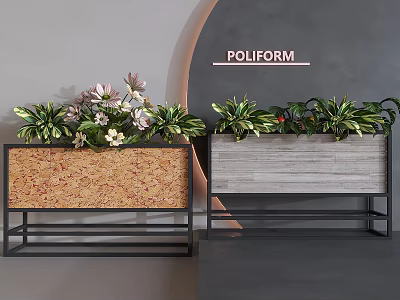 Lush Flowers and Plants in Modern Cork and Wooden Planters with Black Metal Frames 3d model
